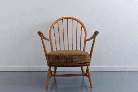 Vintage Low Ercol Windsor Back Tub Chair Model No. 305 with Original Wool Fabric