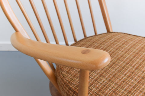 Vintage Low Ercol Windsor Back Tub Chair Model No. 305 with Original Wool Fabric
