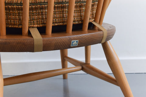 Vintage Low Ercol Windsor Back Tub Chair Model No. 305 with Original Wool Fabric