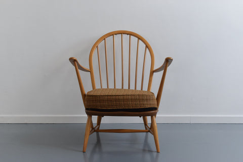 Vintage Low Ercol Windsor Back Tub Chair Model No. 305 with Original Wool Fabric