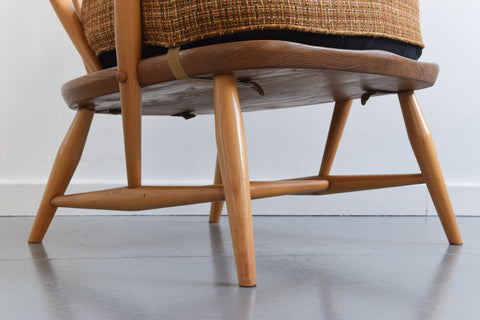 Vintage Low Ercol Windsor Back Tub Chair Model No. 305 with Original Wool Fabric