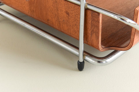 Vintage Bent Teak Ply and Metal Two Tier Paper Tray by Mallod