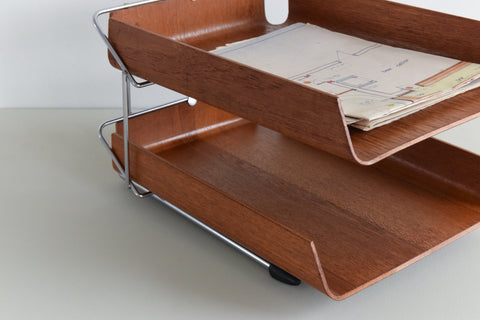 Vintage Bent Teak Ply and Metal Two Tier Paper Tray by Mallod
