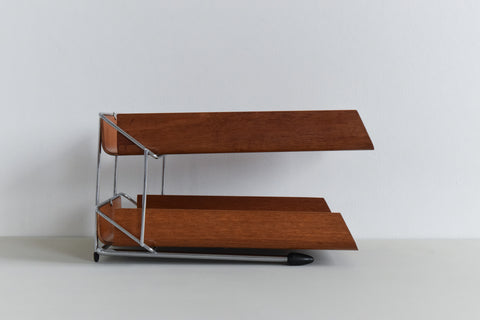 Vintage Bent Teak Ply and Metal Two Tier Paper Tray by Mallod