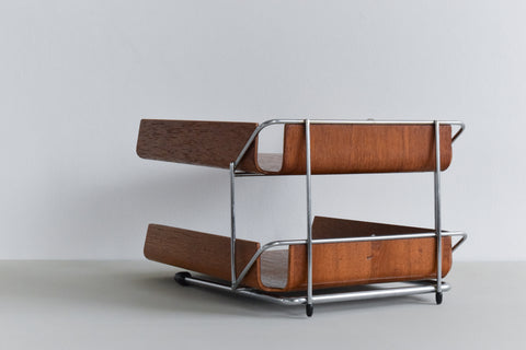 Vintage Bent Teak Ply and Metal Two Tier Paper Tray by Mallod