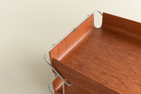 Vintage Bent Teak Ply and Metal Two Tier Paper Tray by Mallod