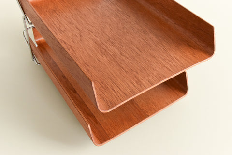 Vintage Bent Teak Ply and Metal Two Tier Paper Tray by Mallod