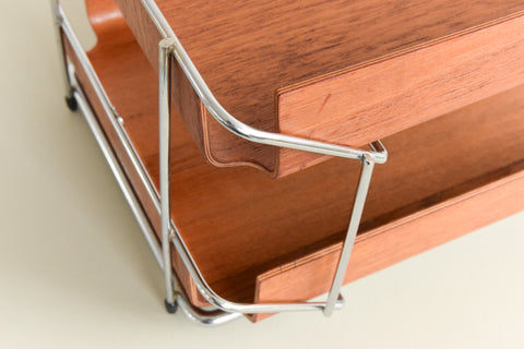 Vintage Bent Teak Ply and Metal Two Tier Paper Tray by Mallod