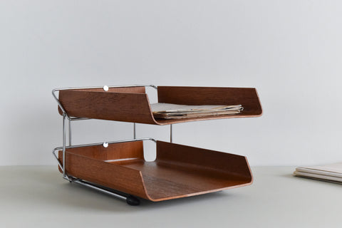 Vintage Bent Teak Ply and Metal Two Tier Paper Tray by Mallod