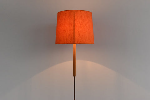 Vintage Mid Century Modern Wooden Standing Tripod Lamp with New Orange Shade
