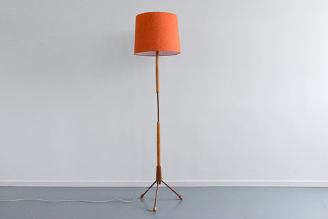 Vintage Mid Century Modern Wooden Standing Tripod Lamp with New Orange Shade