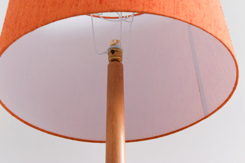Vintage Mid Century Modern Wooden Standing Tripod Lamp with New Orange Shade