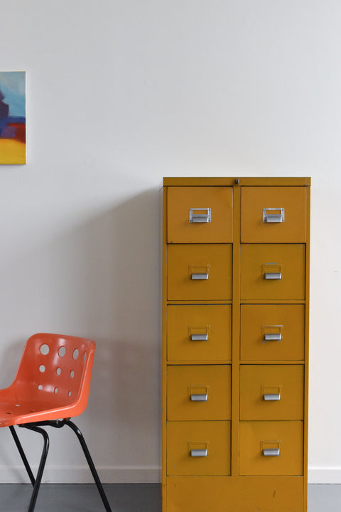 Vintage Mustard 10 Drawer Metal Filing Cabinet