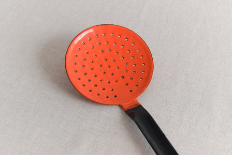 Vintage Orange and Black Enamel Straining Spoon
