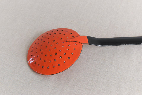 Vintage Orange and Black Enamel Straining Spoon