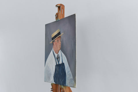 Vintage Original 1960s Oil on Board Portrait Painting of a Butcher by Cynthia Oliver