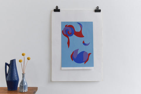 Vintage Original 1970s Screen Print Poster by Eleanor Hunt Blue Geometric Pattern
