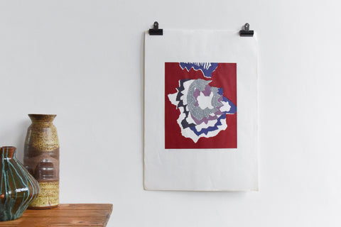 Vintage Original 1970s Screen Print Poster by Eleanor Hunt - Burgundy Sunflower