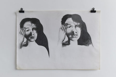 Vintage Original Figurative Pencil Drawing of Two Female Heads by Artist Robert Arthur Bramwell