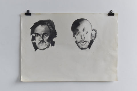 Vintage Original Figurative Pencil Drawing of Two Male Heads by Artist Robert Arthur Bramwell