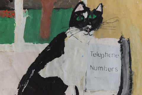 Vintage Original Folk Art Framed Portrait Painting of a Cat