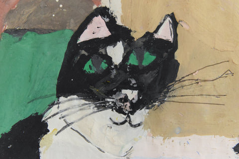 Vintage Original Folk Art Framed Portrait Painting of a Cat