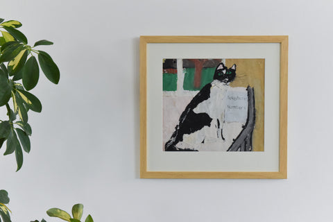 Vintage Original Folk Art Framed Portrait Painting of a Cat