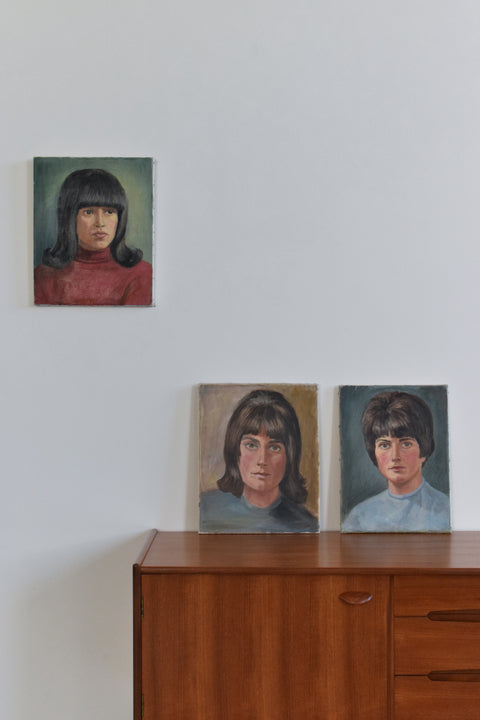 Vintage Original Small 1960s Oil on Canvas Female Portrait Painting