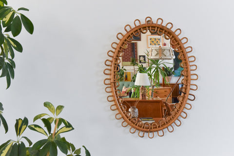 Vintage Oval Bamboo Franco Albini Style Mirror