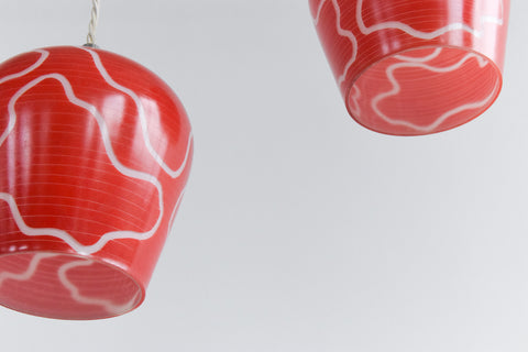 Vintage Pair of 1950s Red Patterned Glass Pendant Light Shades