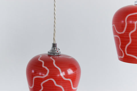 Vintage Pair of 1950s Red Patterned Glass Pendant Light Shades
