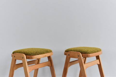 Vintage Pair of 1960s Wooden Stackable Stools in Green Boucle Fabric