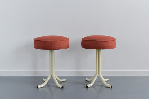 Vintage Pair of 1980s Tubular Metal Stools with Orange Boucle Fabric