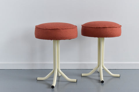 Vintage Pair of 1980s Tubular Metal Stools with Orange Boucle Fabric
