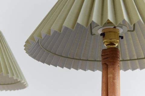 Vintage Pair of Bamboo Table Lamp Bases with New Sage Green Pleated Shades