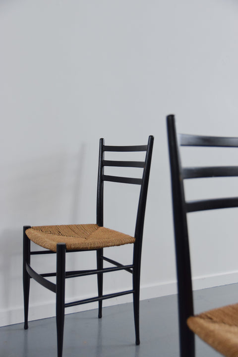 Vintage Pair of Gio Ponti Style Italian Ebonized Ladder Back Rush Dining Chairs