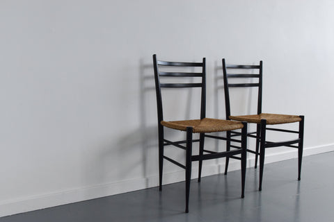 Vintage Pair of Gio Ponti Style Italian Ebonized Ladder Back Rush Dining Chairs