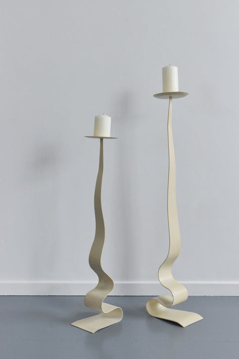 Vintage Pair of Metal Ribbon Floor Standing Candle Holders / Candelabras