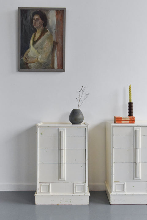 Vintage Pair of Painted White Wooden Bedside Tables