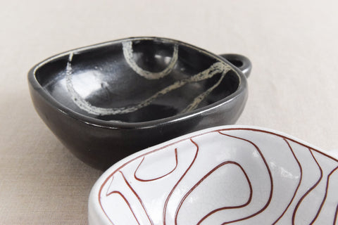 Vintage Pair of Patterned Studio Pottery Bowls with Handles