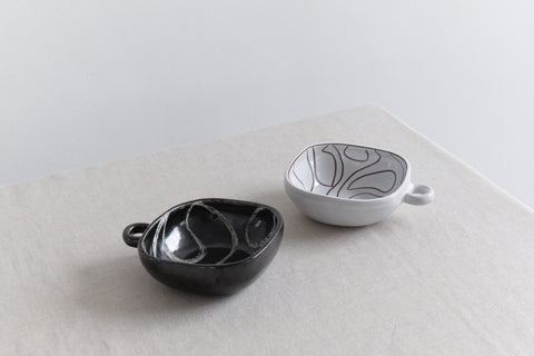 Vintage Pair of Patterned Studio Pottery Bowls with Handles