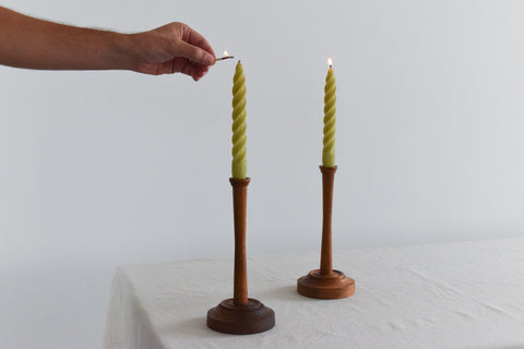 Vintage Pair of Rustic Hand Turned Wooden Candle Stick Holders
