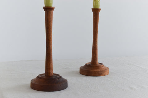 Vintage Pair of Rustic Hand Turned Wooden Candle Stick Holders