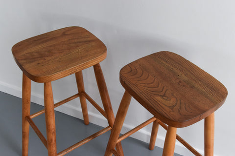 Vintage Pair of Rustic Wooden Bar Stools