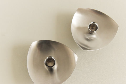 Vintage Pair of Stainless Steel Triangular Candle Holders KIH Made In Hong Kong