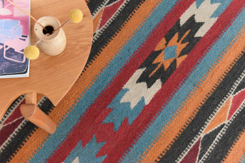 Vintage Patterned Aztec Flat Weave Wool Rug