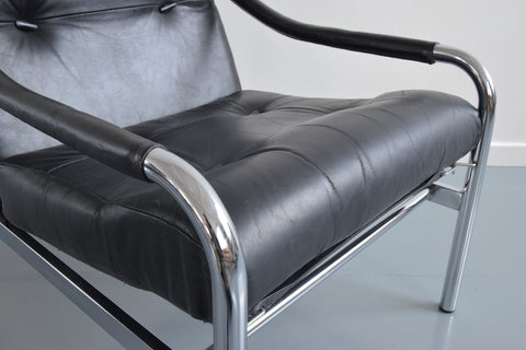 Vintage Pieff Kadia Black Leather and Chrome Arm Chair by Tim Bates