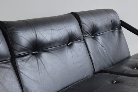 Vintage Pieff Kadia Black Leather and Chrome Three Seater Sofa by Tim Bates