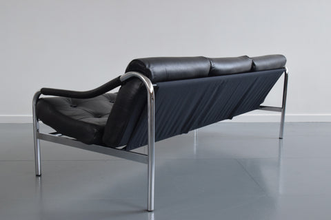 Vintage Pieff Kadia Black Leather and Chrome Three Seater Sofa by Tim Bates
