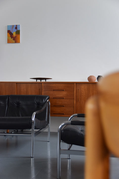 Vintage Pieff Kadia Black Leather and Chrome Three Seater Sofa by Tim Bates